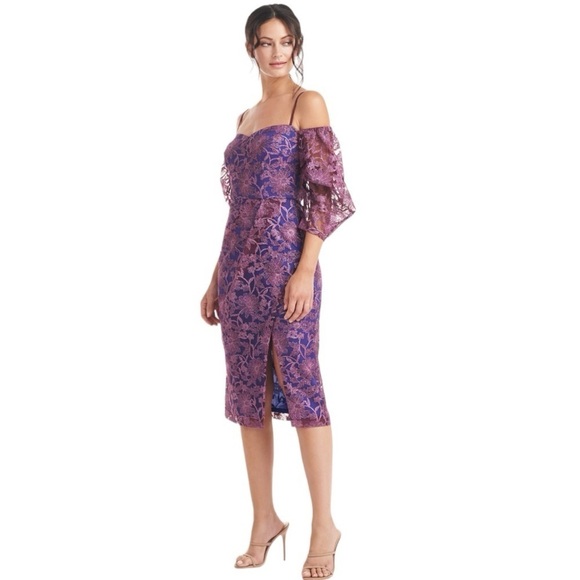 JS Collections Demi Off the Shoulder Mini Dress in Aubergine - Picture 1 of 10